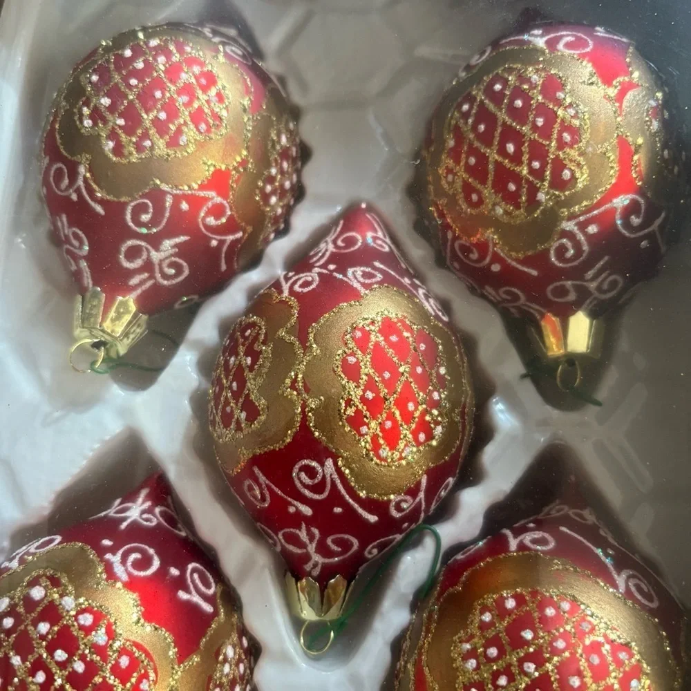 Vintage 70's Commodore Christmas Ornaments: Red & Gold Swirls, Set of 5 Glass